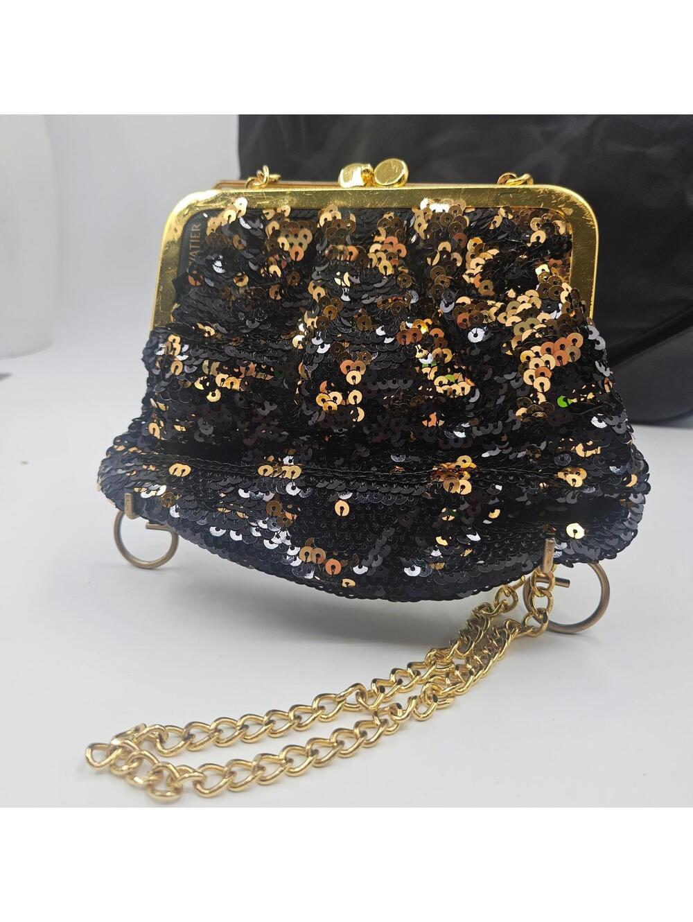 Vintage Lise Watier Black & Gold Sequin Clutch Purse Chain Handle Retro Glam